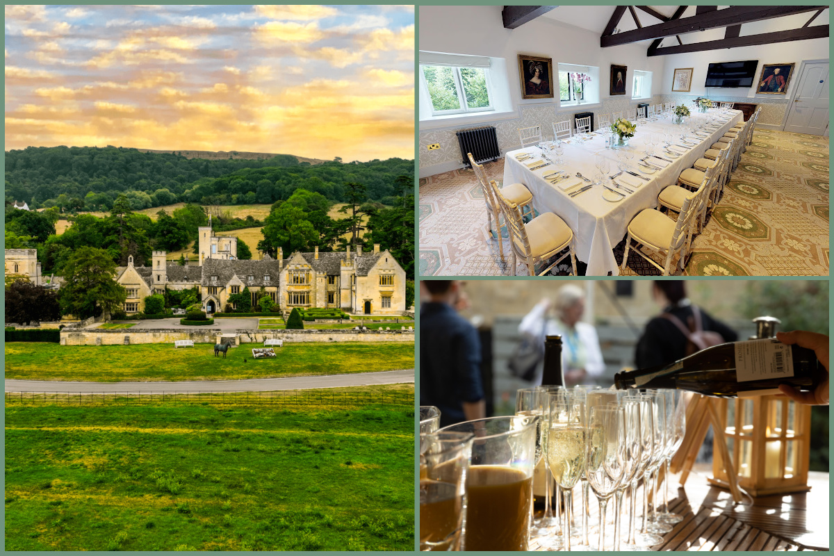 A collage of Ellenborough Park Hotel exterior, meeting space and drinks served.
